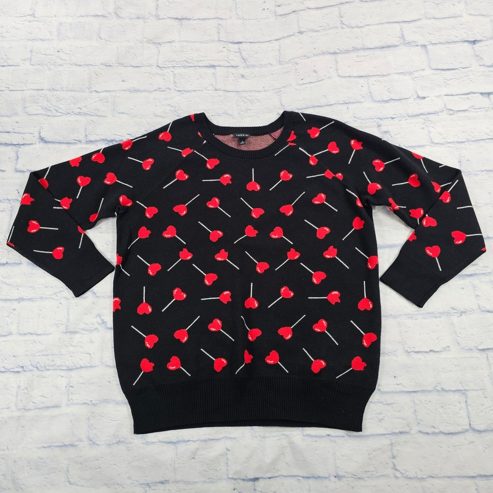 Torrid Sweater Womens 0 US L Black Red Heart Lollipop Intarsia Crew Neck Knit